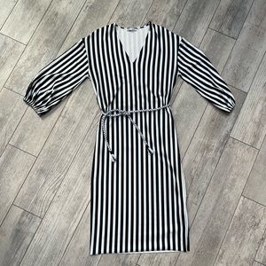 Zara striped black white blue midi v neck dress